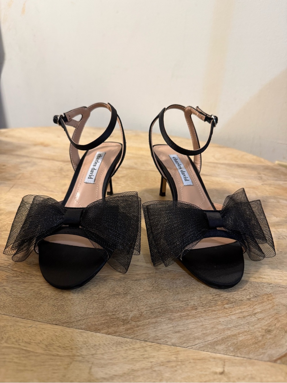 Charles David Black Tulle Bow Ankle-Strap Heels